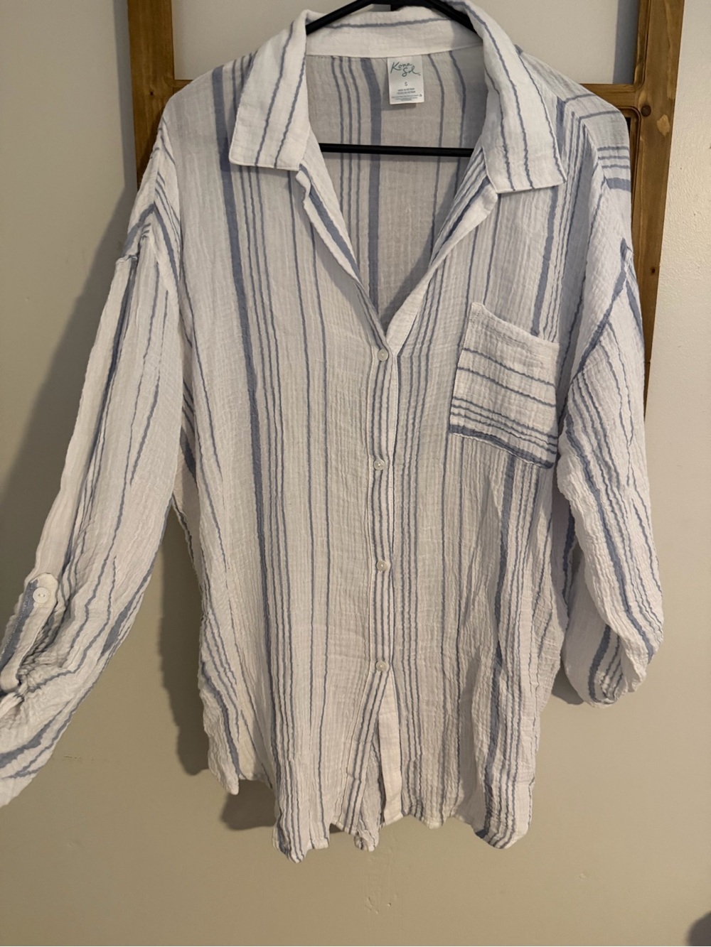 Kona Sol White and Light Blue Striped Button-Up Blouse